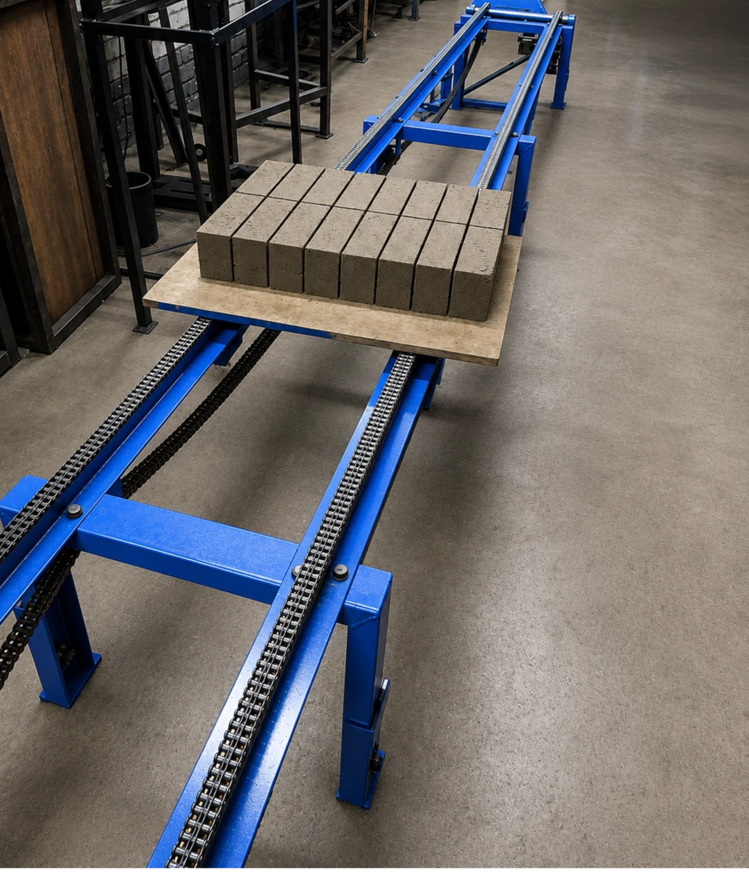 Vhangona 18m blue chain conveyor with pallet of fresh bricks in workshop