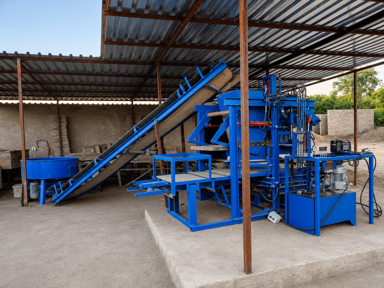 Vhangona hydraulic brick machine installed with conveyor at a covered production site