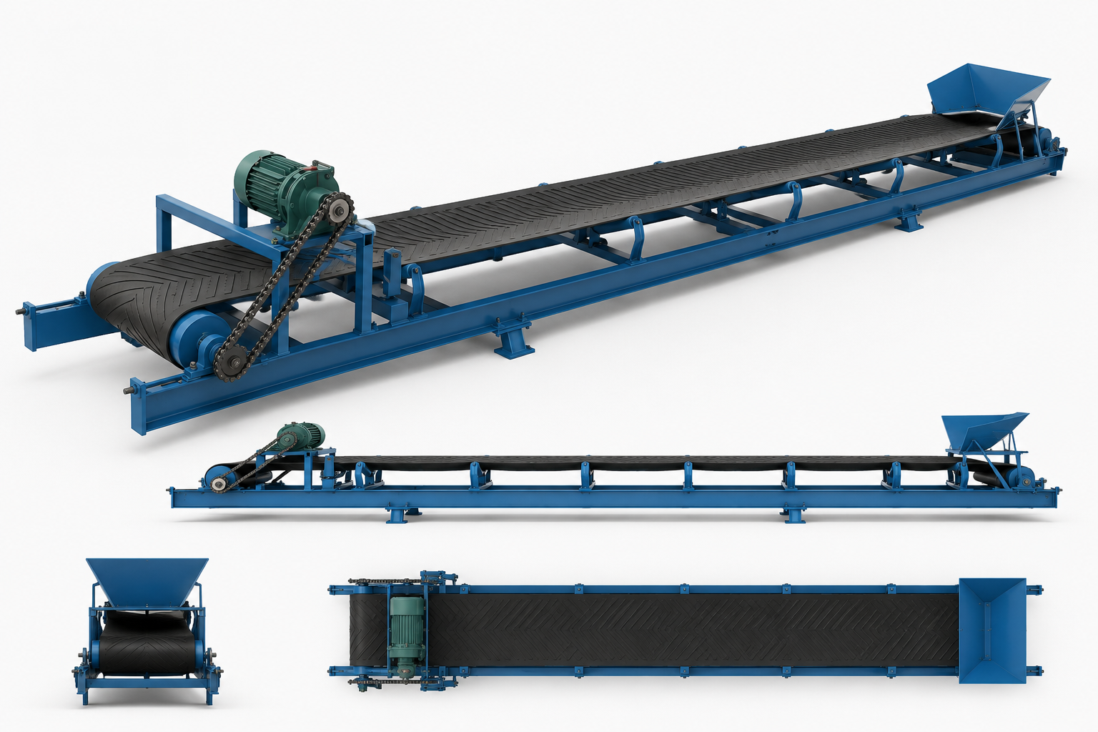 Vhangona blue 5m conveyor belt with hopper and motor drive